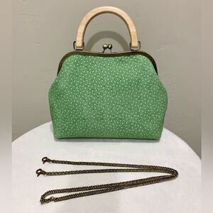 Handmade Genuine Nubuck Leather Embossed Wood Handle Kiss-lock Satchel Bag